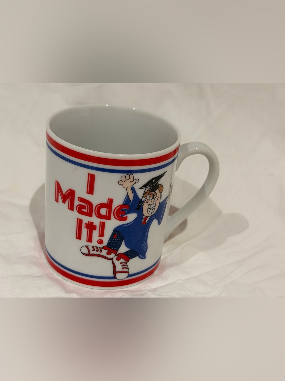 Vintage  White Mug with Red and Blue 'I Made It!' Graduation Design